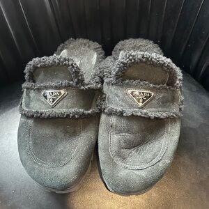 Prada Black Suede & Sheerling Slippers